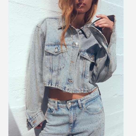 Zara TRF crop jacket denim jewel jeans embellished studded rhinestone NWT top - Picture 2 of 2